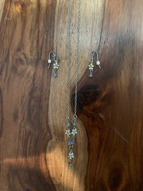 Delicate Gold-Tone Floral Necklace and Earring Set with Light Blue Crystals